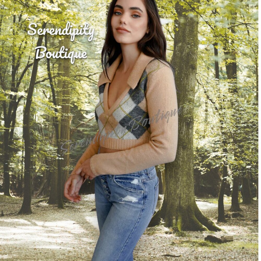 Super Soft Preppy Argyle Long Sleeve Collared V-Neck Crop Sweater Neutral Grey